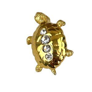 Gold Tone Turtle Brooch With Rhinestone Accents